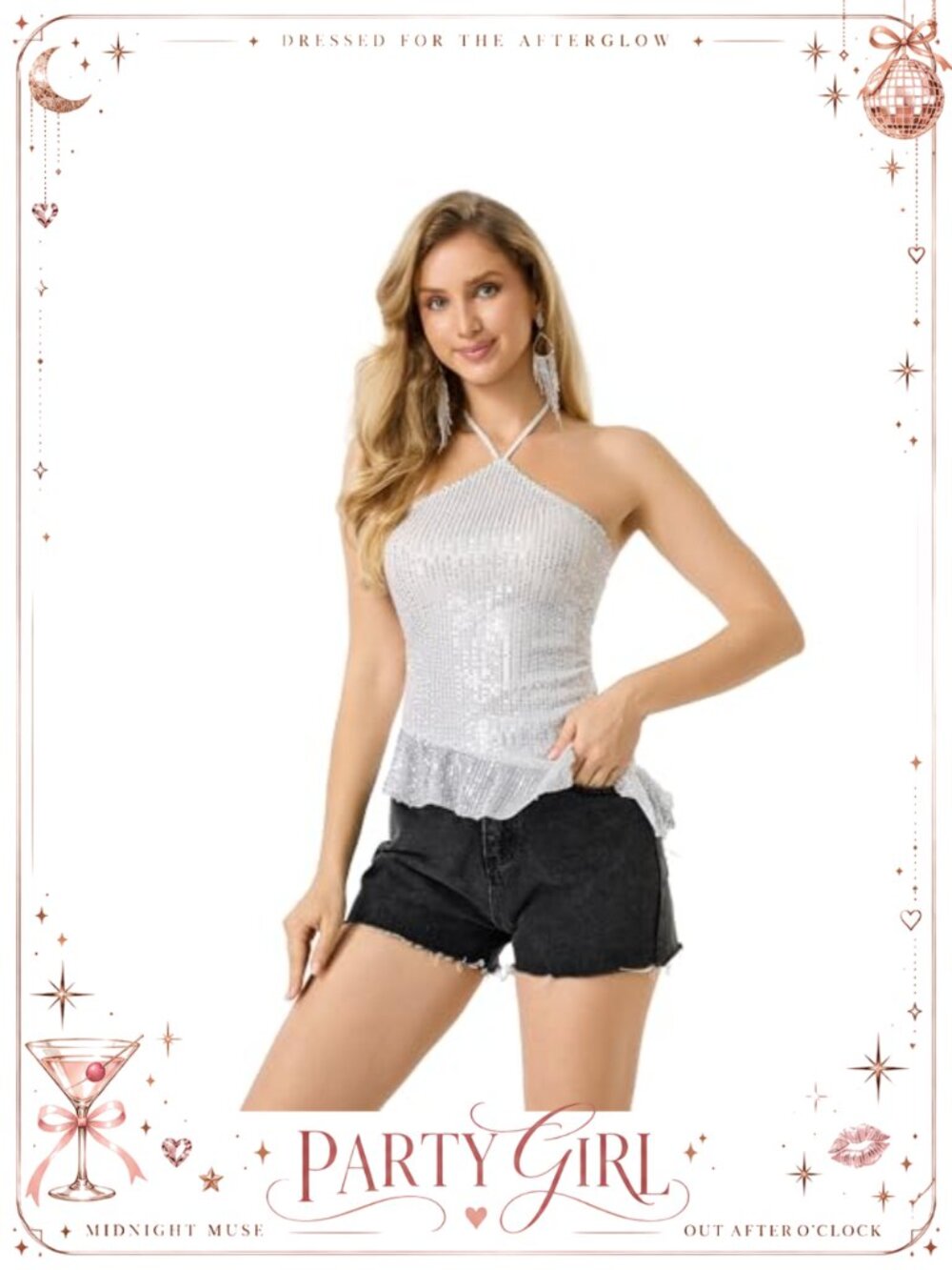 Sequin Halter Tank Top Y2K Backless Crop Ruffle Party Summer Top